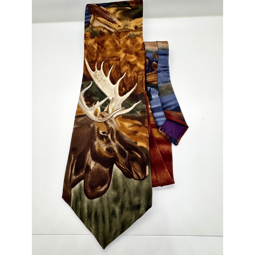 Vintage WWF World Wildlife Fund Moose Silk Tie 1991 Animal Print Nature USA Made